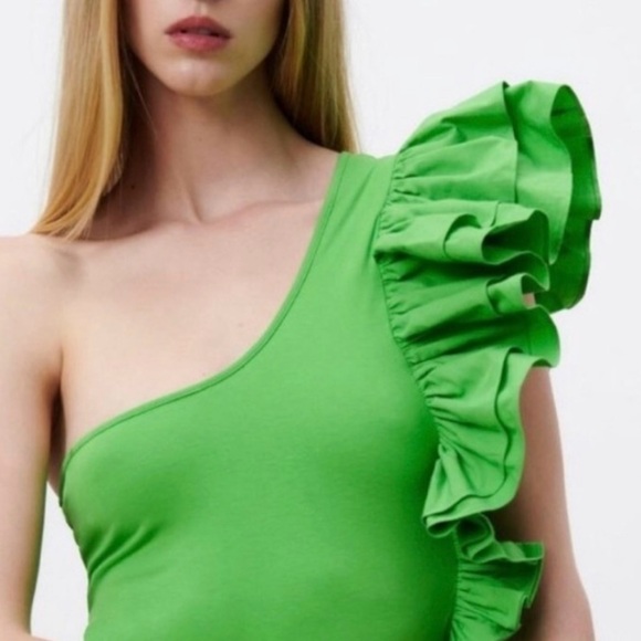 Green One-Shoulder Ruffle Dress - Picture 6 of 6